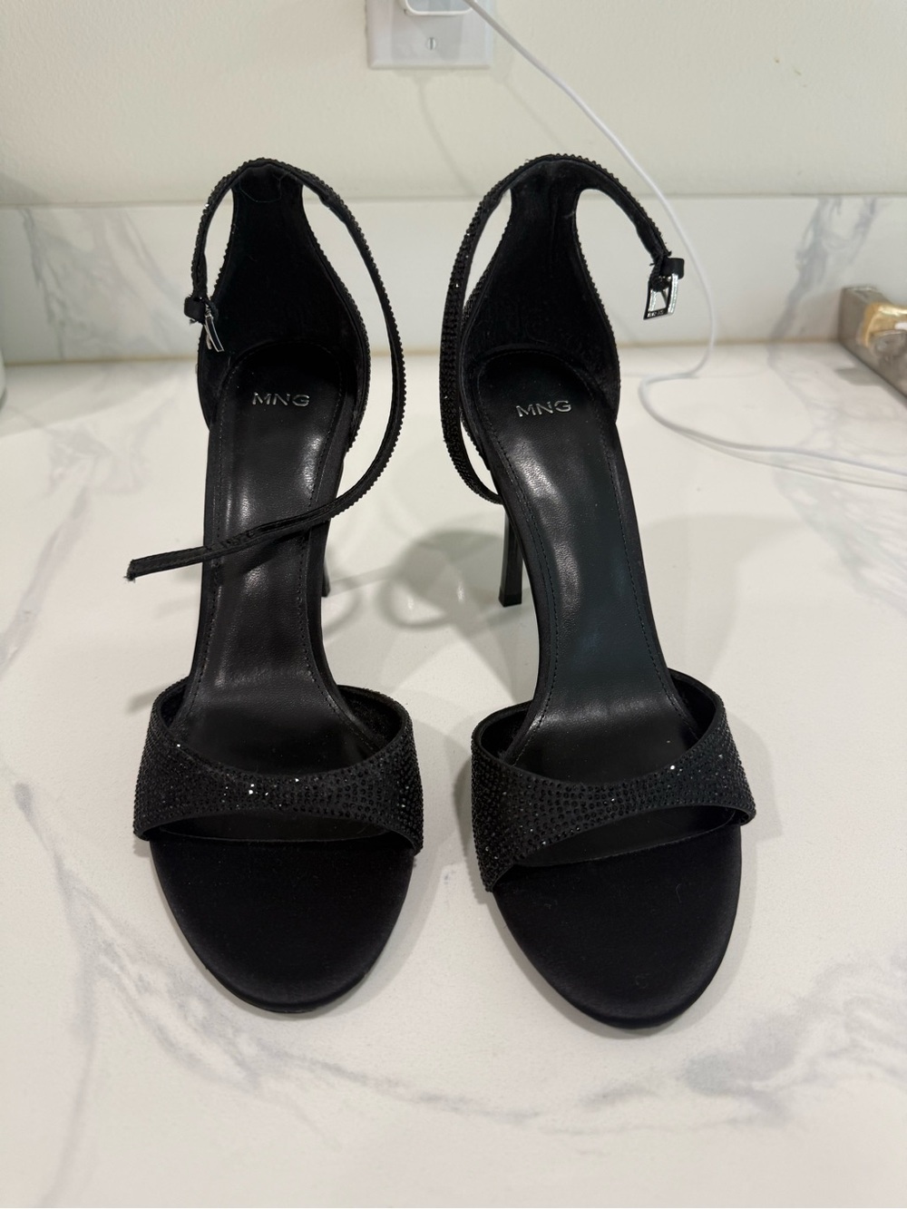 Mango Black Crystal-Embellished Ankle-Strap Heels